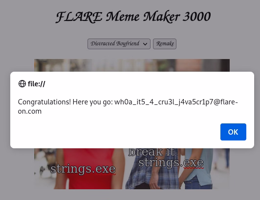 Challenge 4 meme maker 3000 web app displaying the correct flag
