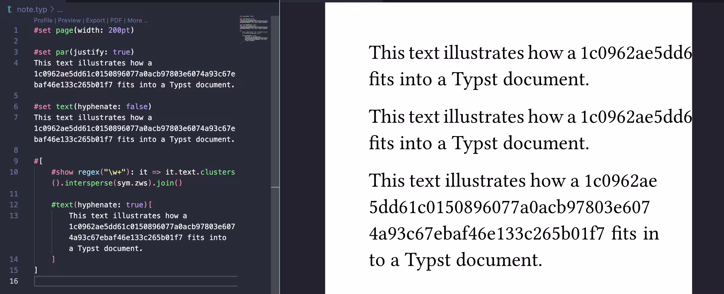 Typst document with semi-proper line wrapping